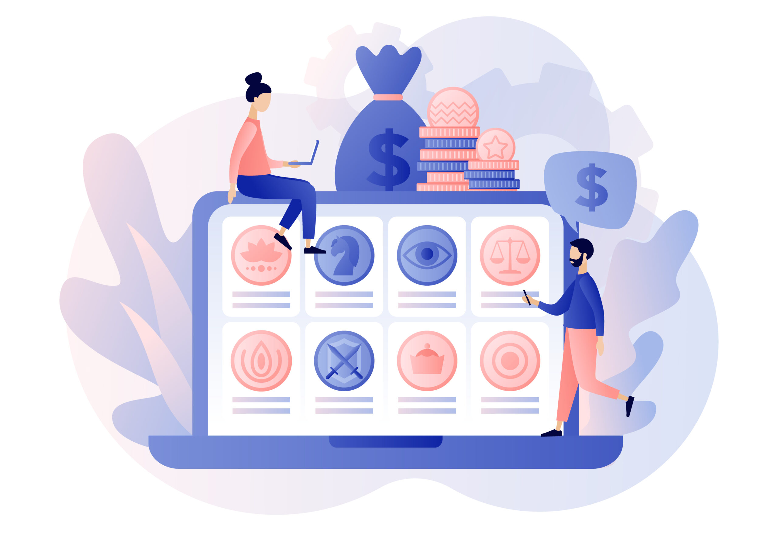 Stilizirani prikaz financijskog planiranja i upravljanja investicijama, s korisnicima koji pristupaju ikonama vezanim uz bogatstvo, viziju i strategiju na digitalnoj platformi.