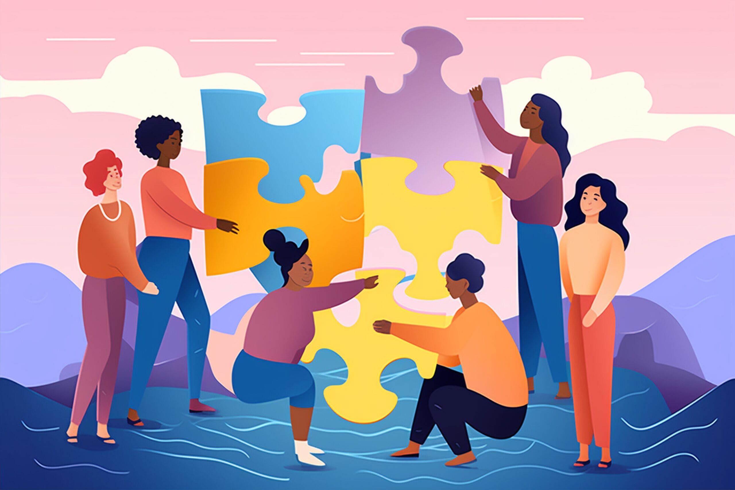 Ilustracija grupe ljudi koji zajedno sastavljaju veliki slagalicu u obliku puzzli u različitim bojama, što simbolizira timski rad i zajedničko rješavanje problema.