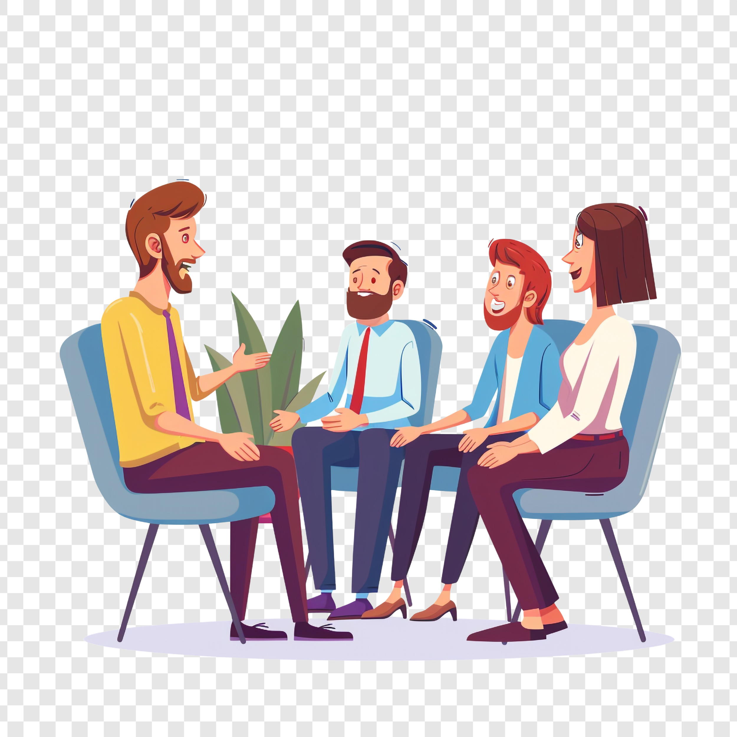Ilustracija grupe ljudi u poslovnom razgovoru, sjede u krugu na stolicama, prikazujući profesionalnu komunikaciju i timsku dinamiku.