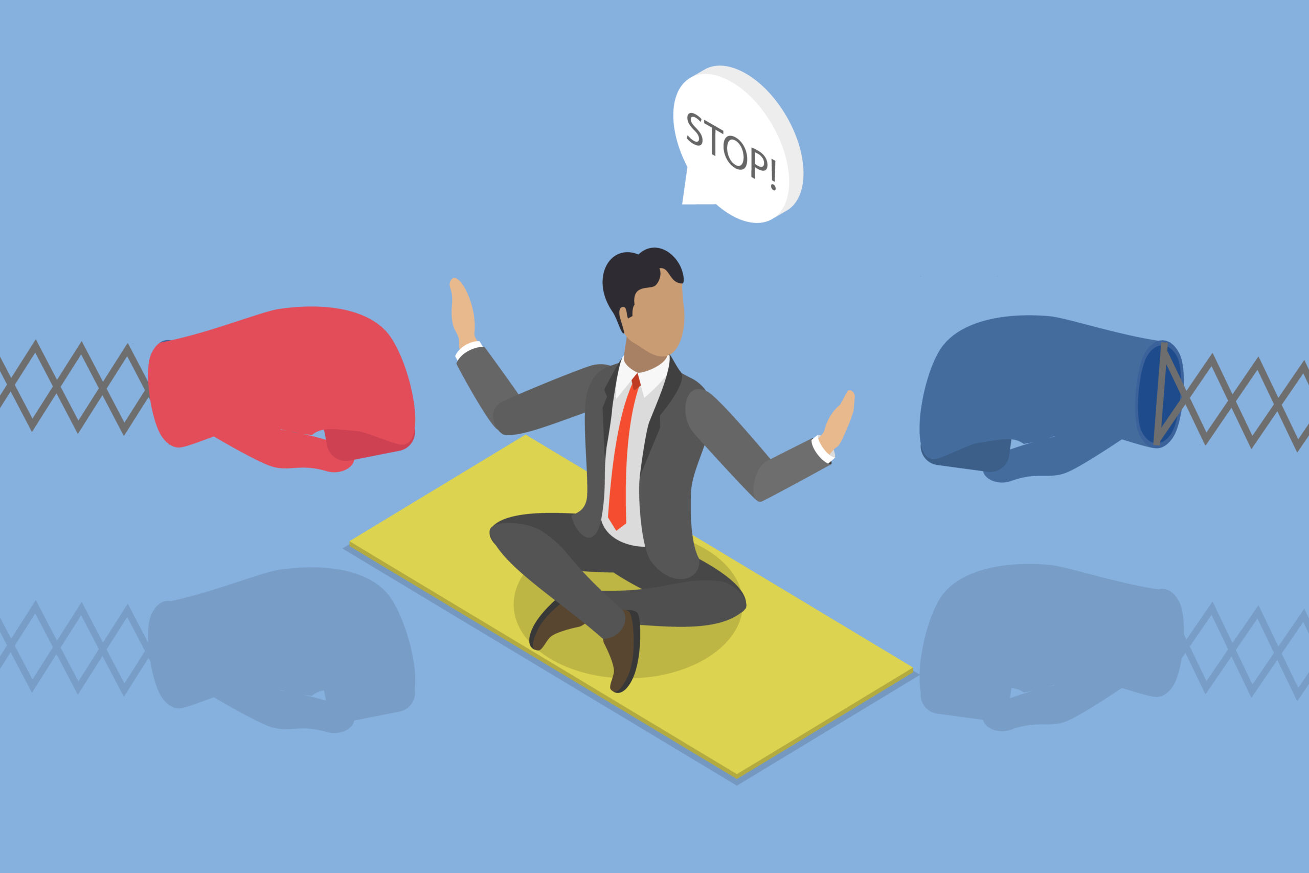 Izometrijska ilustracija poslovnog čovjeka u odijelu koji sjedi u meditativnoj pozi između dvije rukavice za boks, s porukom "STOP!" kao simbolom mirenja i rješavanja sukoba.