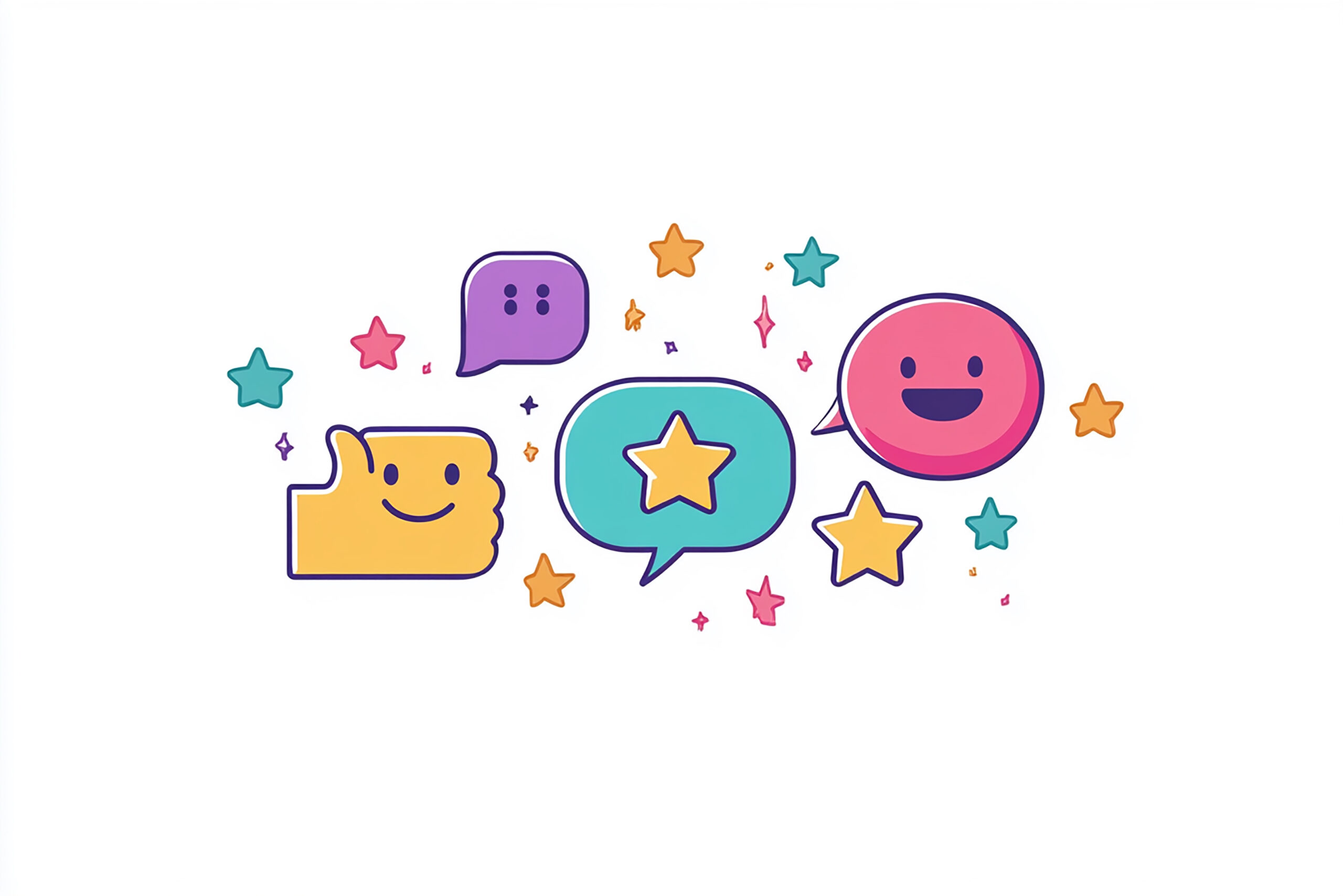 Ilustracija veselih emojija, uključujući smajliće, oblačiće s ocjenama i zvjezdicama u živopisnim bojama, simbolizirajući pozitivne povratne informacije i zadovoljstvo.