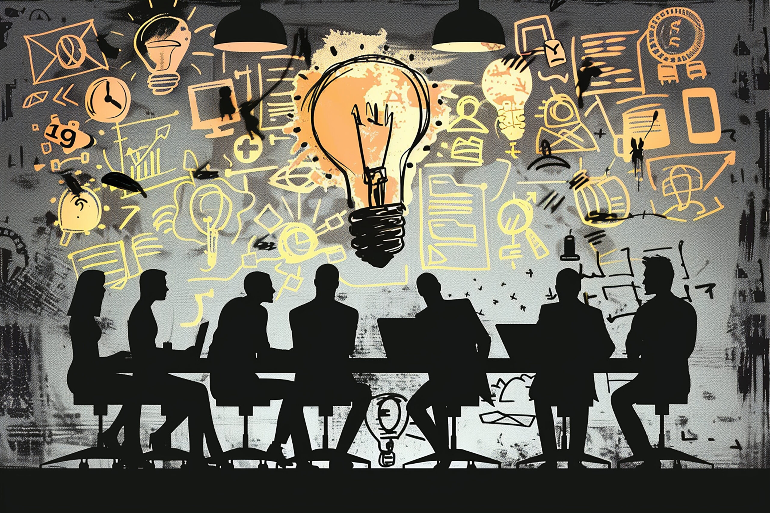 Siluete ljudi za stolom, u pozadini veliki prikaz svjetiljke i raznih simbola, uključujući grafikone, satove i ikone koji simboliziraju brainstorming i kreativno razmišljanje.